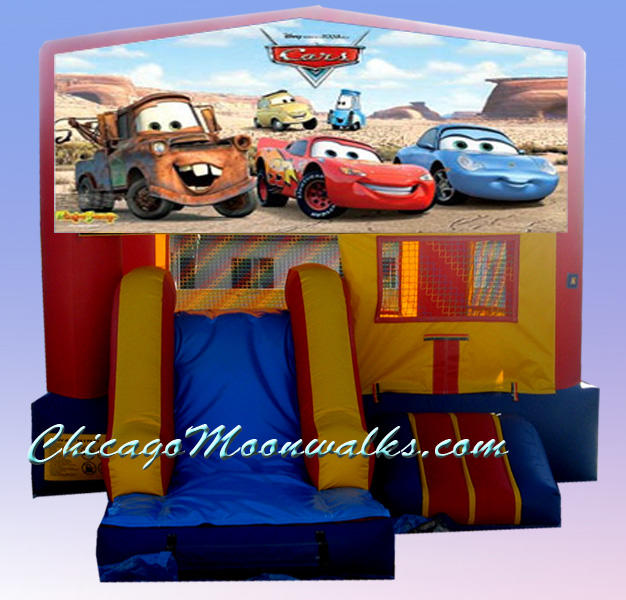 Disney Pixar Cars MoonWalk Rental Chicago. Slide Combo with Large Jumpy Area & Basketball Hoop.  Illinois Suburbs Party Rental. Features Characters Lighting McQueen, Mater, Sally, Guido & Luigi.  Entertainment for Children & Kids Parties. 